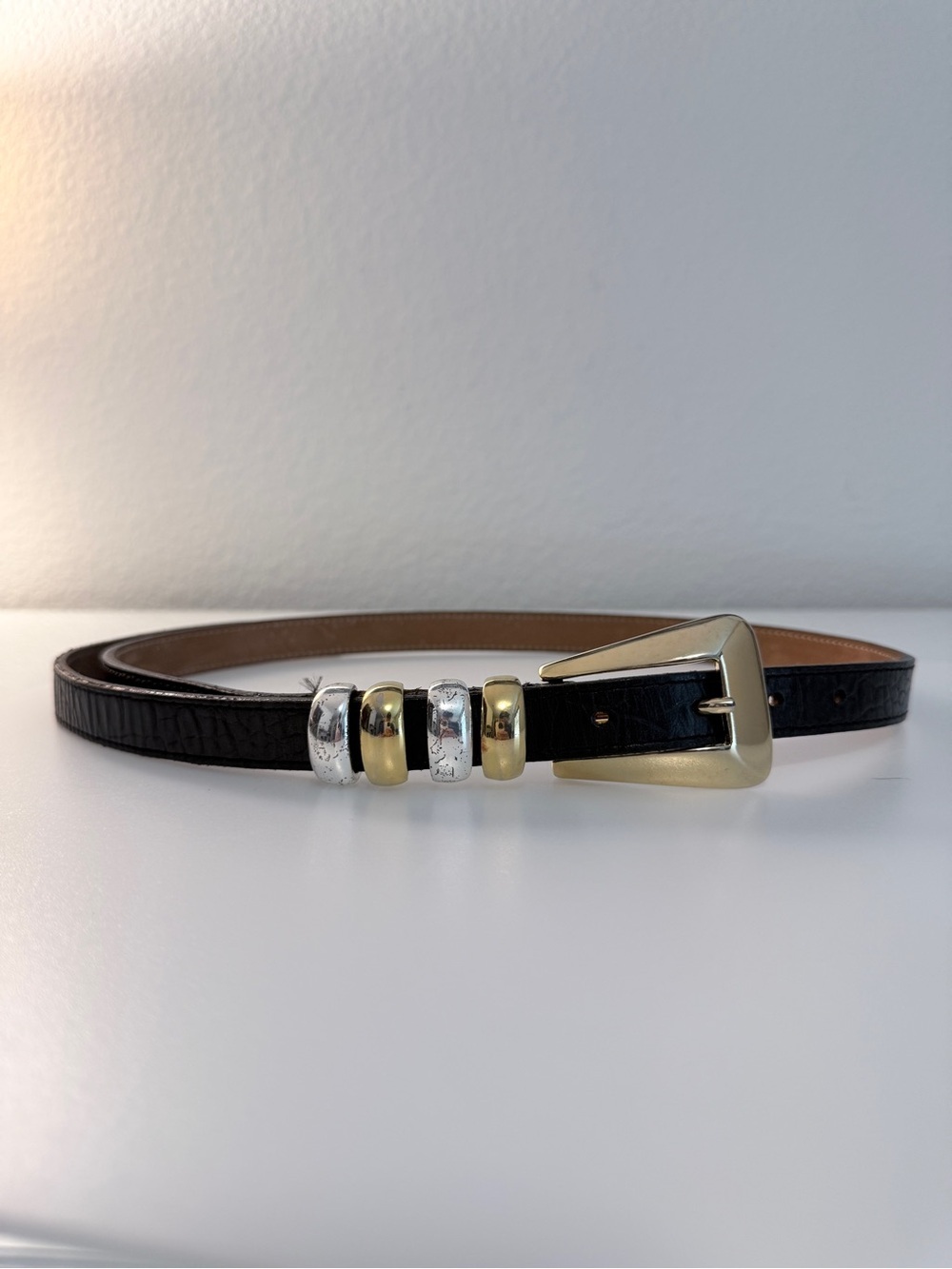 Streets Ahead Black Leather Belt Mixed Metal Buckle Size M Made in USA